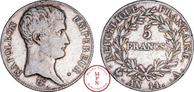 France, Napoléon Ier (1804-1815), 5 Francs, Tête nue, Calendrier révolutionnaire, type définitif, AN 14, A, Paris, Av. NAPOLEON EMPEREUR, Tête nue à d...