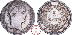 France, Napoléon Ier (1804-1815), 5 Francs, Tête laurée, République Française, 1808, A, Paris, Av. NAPOLEON EMPEREUR, Tête laurée à droite, Rv. REPUBL...