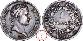 France, Napoléon Ier (1804-1815), 1 Franc, Tête laurée, République Française, 1808, A, Paris, Av. NAPOLEON EMPEREUR, Tête laurée à droite, Rv. REPUBLI...