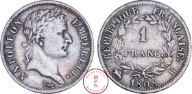 France, Napoléon Ier (1804-1815), 1 Franc, Tête laurée, République Française, 1808, B, Rouen, Av. NAPOLEON EMPEREUR, Tête laurée à droite, Rv. REPUBLI...