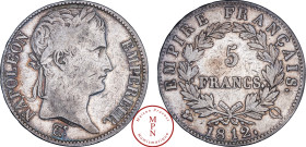 France, Napoléon Ier (1804-1815), 5 Francs, Tête laurée, Empire Français, 1812, Q, Perpignan, Av. NAPOLEON EMPEREUR, Tête laurée à droite, Rv. EMPIRE ...