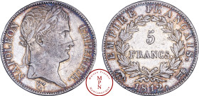 France, Napoléon Ier (1804-1815), 5 Francs, Tête laurée, Empire Français, 1812, R couronné, Rome, Av. NAPOLEON EMPEREUR, Tête laurée à droite, Rv. EMP...