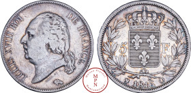 France, Louis XVIII (1814-1815 / 1815-1824), 5 Francs, Tête nue, 1816, Q, Perpignan, Av. LOUIS XVIII ROI DE FRANCE, Tête nue à gauche, Rv. Écu de Fran...