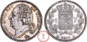 France, Louis XVIII (1814-1815 / 1815-1824), 1 Franc, 1817, A, Paris, Av. LOUIS XVIII ROI DE FRANCE, Tête nue à gauche, Rv. Écu de France couronné acc...