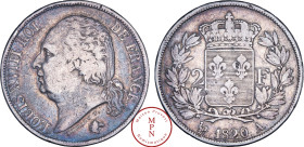 France, Louis XVIII (1814-1815 / 1815-1824), 2 Francs, 1820, A, Paris, Av. LOUIS XVIII ROI DE FRANCE, Tête nue à gauche, Rv. Écu de France couronné ac...