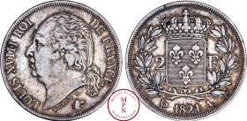 France, Louis XVIII (1814-1815 / 1815-1824), 2 Francs, 1821, A, Paris, Av. LOUIS XVIII ROI DE FRANCE, Tête nue à gauche, Rv. Écu de France couronné ac...