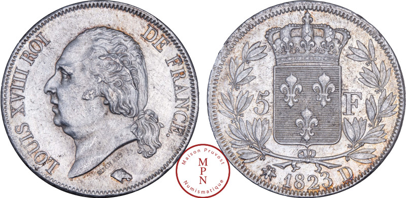 France, Louis XVIII (1814-1815 / 1815-1824), 5 Francs, Tête nue, 1823, D, Lyon, ...