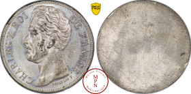 France, Charles X (1824-1830), Concours de 5 francs, Avers, en étain par Depaulis (1824), Essai, Av. CHARLES X ROI DE FRANCE, Tête nue à gauche, Étain...