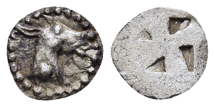 MACEDON. Mende. Hemiobol (Circa 480-460 BC).

Obv: Head of ass right; pellet on ...
