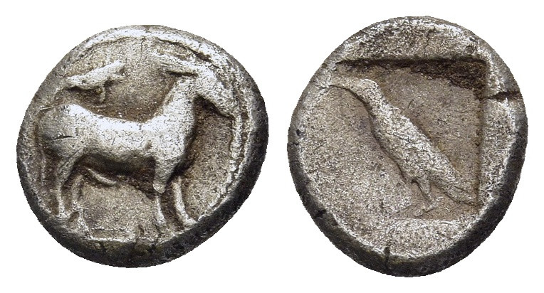 MACEDON. Mende. Trihemiobol (circa 460-423 BC).

Obv: Ithypallic ass with a rave...
