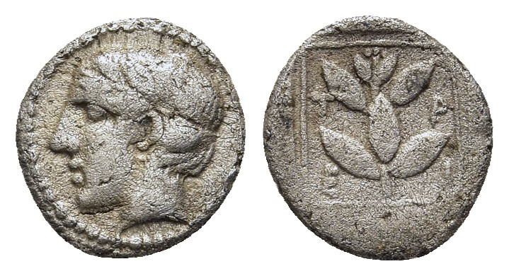 MACEDON. Chalkidian League. Olynthos. Trihemiobol (circa 400 BC).

Obv: Laureate...