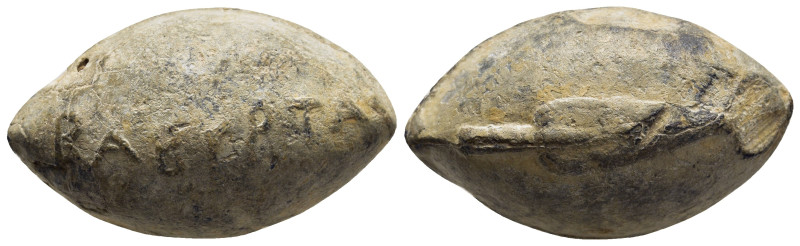 MACEDON(?). Sling shot bullet with Greek word 'BABYPTA'. Lead.

Obv: Spear-head ...