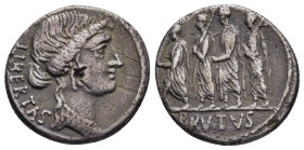 Q. SERVILIUS CAEPIO (M. JUNIUS) BRUTUS. Denarius (54 BC). Rome.

Obv: LIBERTAS.
Head of Libertas right.
Rev: BRVTVS.
The consul L. Junius Brutus advan...