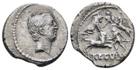 L. LIVINEIUS REGULUS. Denarius (42 BC). Rome.

Obv: Bare head right.
Rev: L REGVLVS.
Gladiatorial scene: in foreground, lion charging right toward a c...