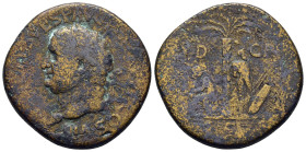 TITUS (79-81). Sestertius. Rome. "Judaea Capta" issue.

Obv: IMP T CAES VESP AVG P M TR P P P COS VIII.
Laureate head left.
Rev: IVD - CAP / S - C.
Pa...