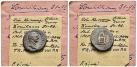DOMITIAN (81-96). Denarius. Rome.

Obv: IMP CAES DOMITIANVS AVG P M
Laureate head right.
Rev: TR POT COS VIII P P.
draped seat, semicircular fram...