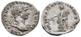 TRAJAN (98-117). Denarius. Rome.

Obv: IMP TRAIANO AVG GER DAC P M TR P.
Laureate bust right, with slight drapery.
Rev: COS V P P SPQR OPTIMO PRINC.
A...