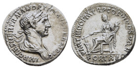 TRAJAN (98-117). Denarius. Rome.

Obv: IMP CAES NER TRAIAN OPTIM AVG GERM DAC.
Laureate and draped bust right.
Rev: PARTHICO P M TR P COS VI P P S P Q...