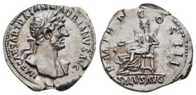 HADRIAN (117-138). Denarius. Rome.

Obv: IMP CAESAR TRAIAN HADRIANVS AVG.
Laureate bust right, with slight drapery.
Rev: P M TR P COS DES III // SALVS...