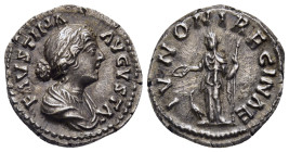 FAUSTINA II (Augusta, 147-175). Denarius. Rome.

Obv: FAVSTINA AVGVSTA.
Draped bust right.
Rev: IVNONI REGINAE.
Juno standing left, holding patera and...