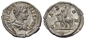 GETA (Caesar, 198-209). Denarius. Rome.

Obv: P SEPT GETA CAES PONT.
Bareheaded and draped bust right.
Rev: CASTOR.
Castor, holding spear, standing le...