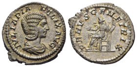 JULIA DOMNA (Augusta, 193-217). Denarius. Rome.

Obv: IVLIA PIA FELIX AVG.
Draped bust right.
Rev: VENVS GENETRIX.
Venus seated left on throne, extend...