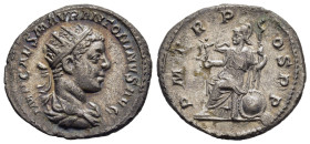 ELAGABALUS (218-222). Antoninianus. Rome.

Obv: IMP CAES M AVR ANTONINVS AVG.
Radiate, draped and cuirassed bust right.
Rev: P M TR P COS P P.
Roma se...