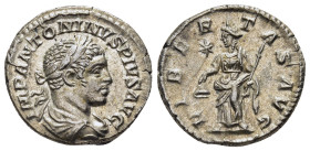 ELAGABALUS (218-222). Denarius. Rome.

Obv: IMP ANTONINVS PIVS AVG.
Laureate, draped and cuirassed bust right.
Rev: LIBERTAS AVG.
Libertas standing le...