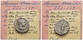 SEVERUS ALEXANDER (222-235). Denarius. Rome.

Obv: IMP C M AVR SEV ALEXAND AVG.
Laureate and draped bust right.
Rev: P M TR P II COS P P.
Pax sta...