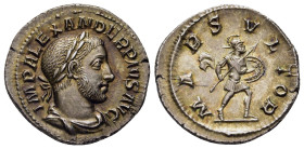 SEVERUS ALEXANDER (222-235). Denarius. Rome.

Obv: IMP ALEXANDER PIVS AVG.
Laureate, draped and cuirassed bust right.
Rev: MARS VLTOR.
Mars advancing ...