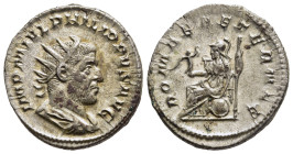 PHILIP I 'THE ARAB' (244-249). Antoninianus. Rome.

Obv: IMP M IVL PHILIPPVS AVG.
Radiate, draped and cuirassed bust right.
Rev: ROMAE AETERNAE.
Roma ...