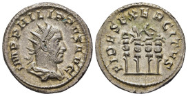 PHILIP I 'THE ARAB' (244-249). Antoninianus. Rome.

Obv: IMP PHILIPPVS AVG.
Radiate, draped and cuirassed bust right.
Rev: FIDES EXERCITVS.
Aquila (le...