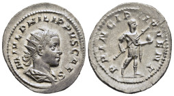 PHILIP II (Caesar, 244-247). Antoninianus. Rome.

Obv: M IVL PHILIPPVS CAES.
Radiate and draped bust right.
Rev: PRINCIPI IVVENT.
Philip standing righ...