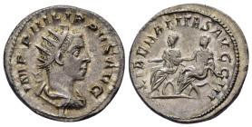 PHILIP II (247-249). Antoninianus. Rome.

Obv: IMP PHILIPPVS AVG.
Radiate, draped and cuirassed bust right.
Rev: LIBERALITAS AVGG III.
Philip I and Ph...