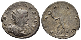 GALLIENUS (253-268). Antoninianus. Siscia.

Obv: GALLIENVS AVG. 
Radiate and cuirassed bust right, holding shield over the l. shoulder and breast plat...