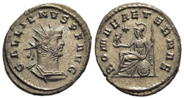 GALLIENUS (253-268). Antoninianus. Antioch.

Obv: GALLIENVS P F AVG.
Radiate and cuirassed bust right.
Rev: ROMAE AETERNAE.
Roma seated left on shield...