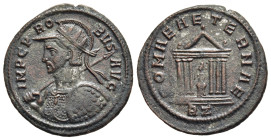 PROBUS (276-282). Antoninianus. Rome.

Obv: IMP C PROBVS AVG.
Radiate, helmeted and cuirassed bust left, holding spear and shield.
Rev: ROMAE AETERNAE...