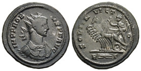 PROBUS (276-282). Antoninianus. Rome.

Obv: IMP PROBVS P F AVG.
Radiate and cuirassed bust right.
Rev: SOLI INVICTO // R (thunderbolt) Γ.
Sol driving ...
