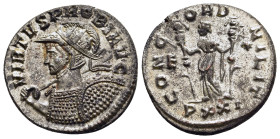 PROBUS (276-282). Antoninianus. Ticinum.

Obv: VIRTVS PROBI AVG.
Radiate, helmeted and cuirassed bust left, holding shield and spear.
Rev: CONCORD MIL...