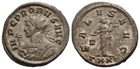 PROBUS (276-282). Antoninianus. Ticinum.

Obv: IMP C PROBVS AVG.
Radiate and mantled bust left, holding eagle-tipped sceptre.
Rev: SALVS AVG / V // TX...