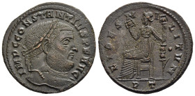 CONSTANTIUS I (305-306). Follis. Ticinum.

Obv: IMP C CONSTANTIVS P F AVG.
Laureate head right.
Rev: FIDES MILITVM / • // PT.
Fides seated left with t...