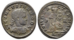 LICINIUS II (Caesar, 317-324). Follis. Rome.

Obv: LICINIVS IVN NOB C.
Laureate, draped and cuirassed bust right.
Rev: ROMAE AETERNAE / P - R // R T.
...