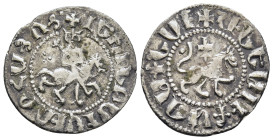 CILICIAN ARMENIA. Levon III (1301-1307). Takvorin.

Obv: The king on horseback right, three pellets behind.
Rev: Lion walking right, cross on his back...