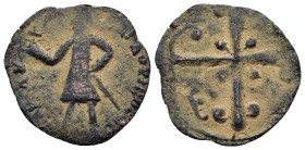 CRUSADERS. Edessa. Baldwin II (Second reign, 1108-1118). Follis.

Obv: Baldwin standing left, wearing conical helmet and chain-armor, holding globus c...