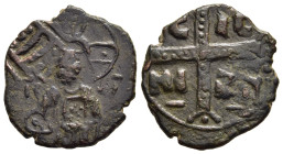 CRUSADERS. Uncertain. Ae Follis (circa 1100-1150). Imitating an anonymous Byzantine Class C issue.

Obv: IC - XC.
Half lenght bust of Christ facing.
R...