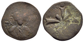 CRUSADERS. Uncertain. Ae Follis (circa 1100-1150). Imitating an anonymous Byzantine Class I issue.

Obv: Nimbate bust of Christ facing.
Rev: Jewelled ...