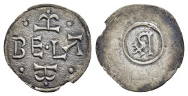HUNGARY. Bela III. (1172-1196). Denar.

Obv: BELA between two anchor like symbols and pellets.
Rev: Monogram within circular border.

Huszár 66.

Cond...