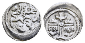 HUNGARY. Bela IV. (1235-1270). Denar.

Obv: Long cross on crescent between two facing crowned heads.
Rev: Panther walking right.

Huszár 339.

Conditi...