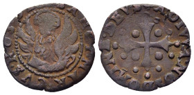 ITALY. Frinco. Sesino (1581-1601).

Obv: SANCT MAR CVS NOS OES.
Facing lion of St. Marco.
Rev: ADIVVA NOS DOMINE DEVS.
Pisan cross.

CNI 126/127; Gamb...