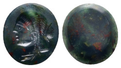 GREEK. Hellenistic period. Ptolemaic. An engraved bloodstone (jasper) seal stone, depicting the bust of a female (Arsinoe III?) facing left (ca. 4th-1...